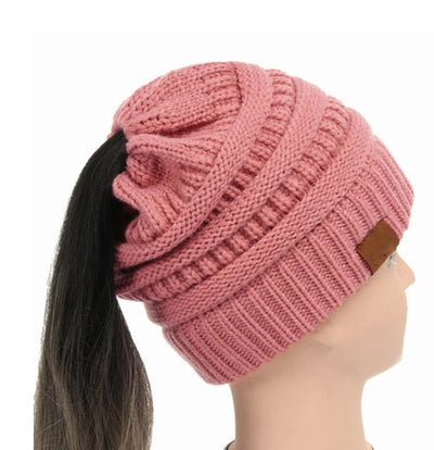 High Bun Ponytail Beanie Hat Chunky Soft Stretch Cable Knit Warm Fuzzy Lined Skull Beanie Acrylic Hats Men and Women