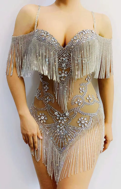 Rhinestones Fringes Mesh Sexy Bodysuit Women Birthday Celebrate Dress Costumes Outfit Prom Birthday Outfit