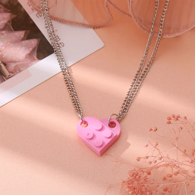 2Pcs Heart Brick Couples Love Necklace for Lovers Women Men Lego Elements Friends Necklaces Valentines Gift Jewelry