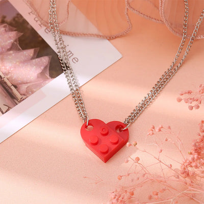 2Pcs Heart Brick Couples Love Necklace for Lovers Women Men Lego Elements Friends Necklaces Valentines Gift Jewelry