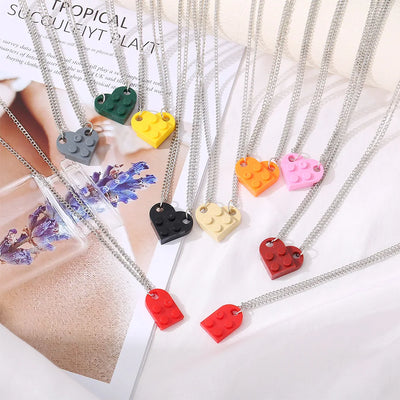 2Pcs Heart Brick Couples Love Necklace for Lovers Women Men Lego Elements Friends Necklaces Valentines Gift Jewelry